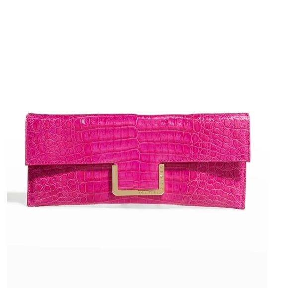 Maria Oliver Fuchsia Gracia Crocodile Clutch Bag with Detachable Shoulder Chain - Picture 1 of 7